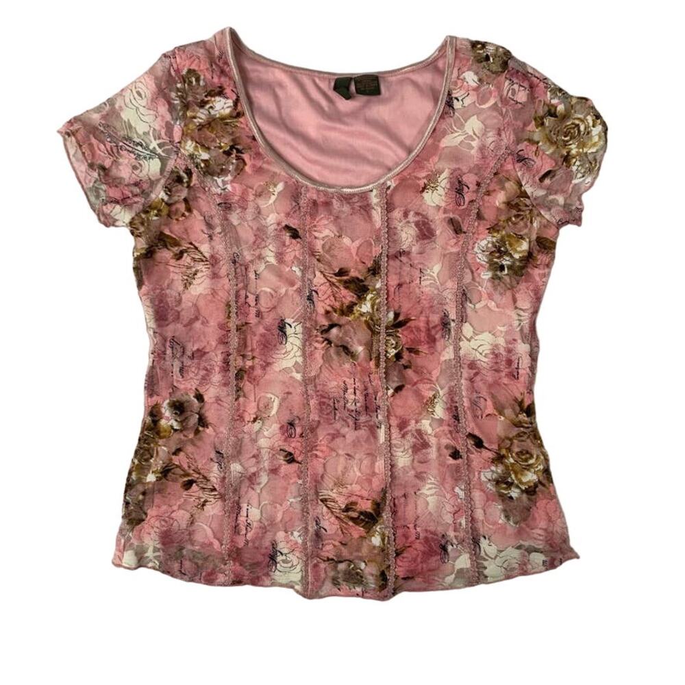 Y2K Pink Short Sleeve Floral Romantic Cursive Victorian Valentine Blouse